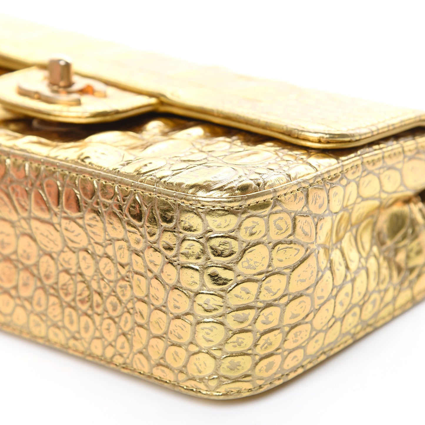 Metallic Calfskin Crocodile Embossed Cocodile Rectangular Mini Flap Gold