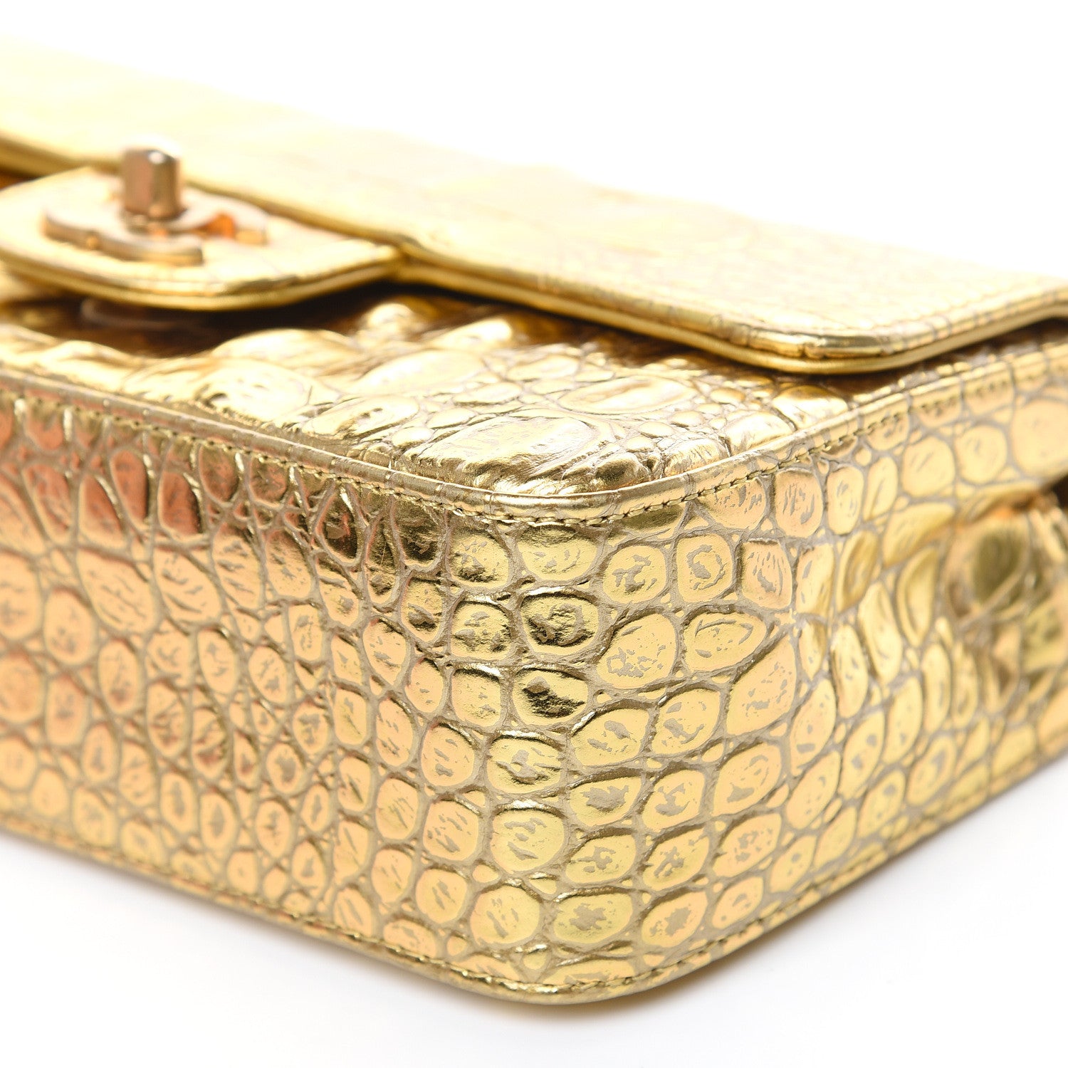 Chanel Metallic Calfskin Crocodile Embossed Cocodile Rectangular Mini Flap Gold 9 of 13