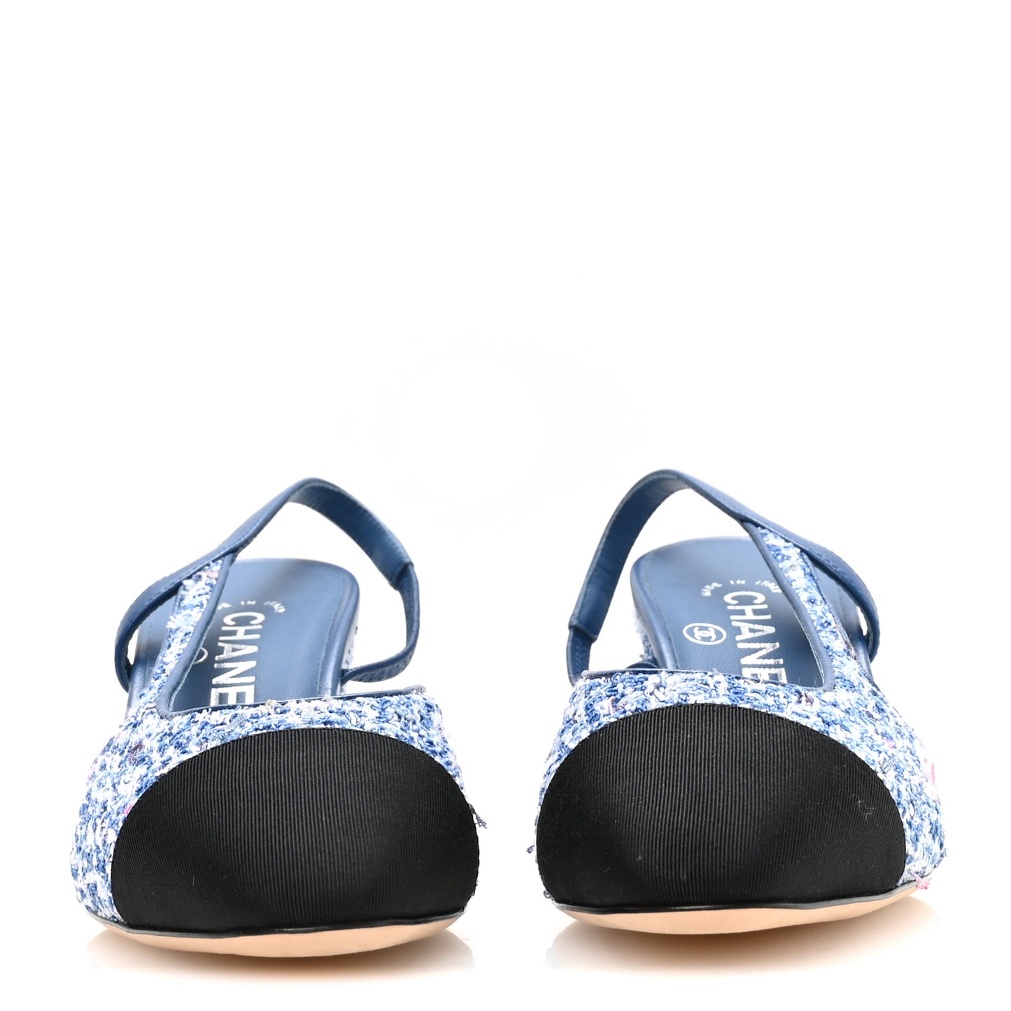 Tweed Grosgrain Cap Toe CC Slingback Pumps 36 Blue White Black