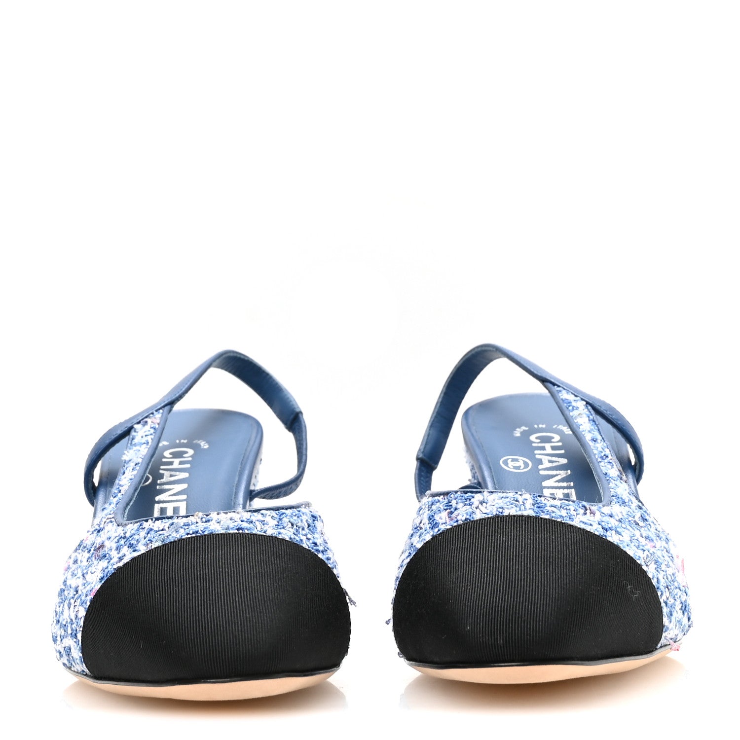 Chanel Tweed Grosgrain Cap Toe CC Slingback Pumps 36 Blue White Black 3 of 9