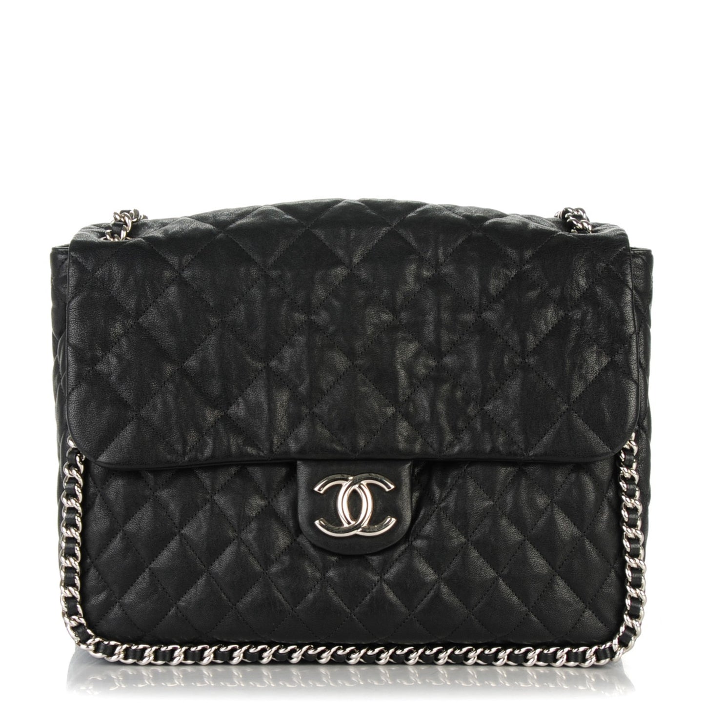 Washed Lambskin Quilted Maxi Chain Around Flap Black