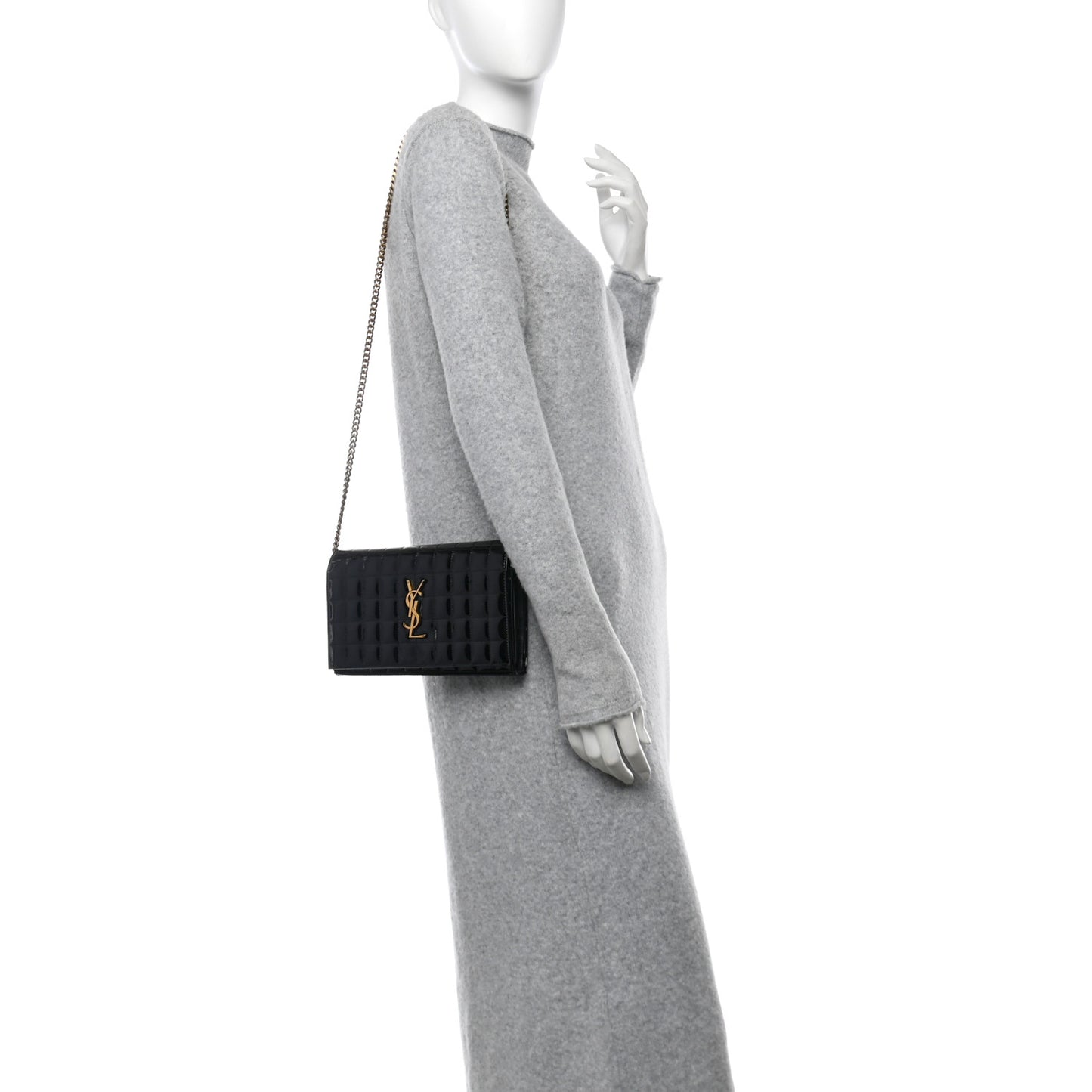 Patent Carre Quilted Cassandre Chain Wallet Black