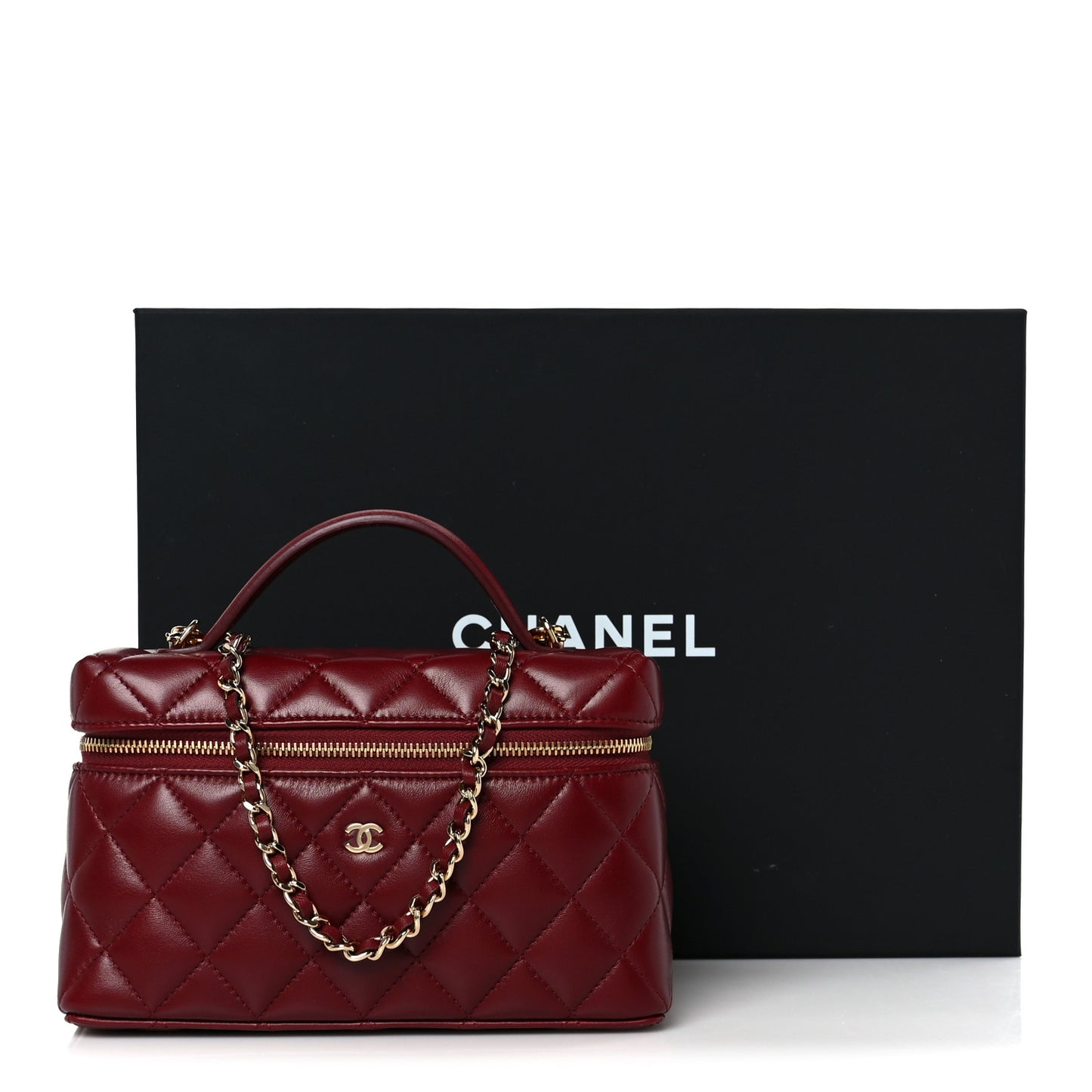 Lambskin Quilted Top Handle Slim Vanity With Chain Burgundy