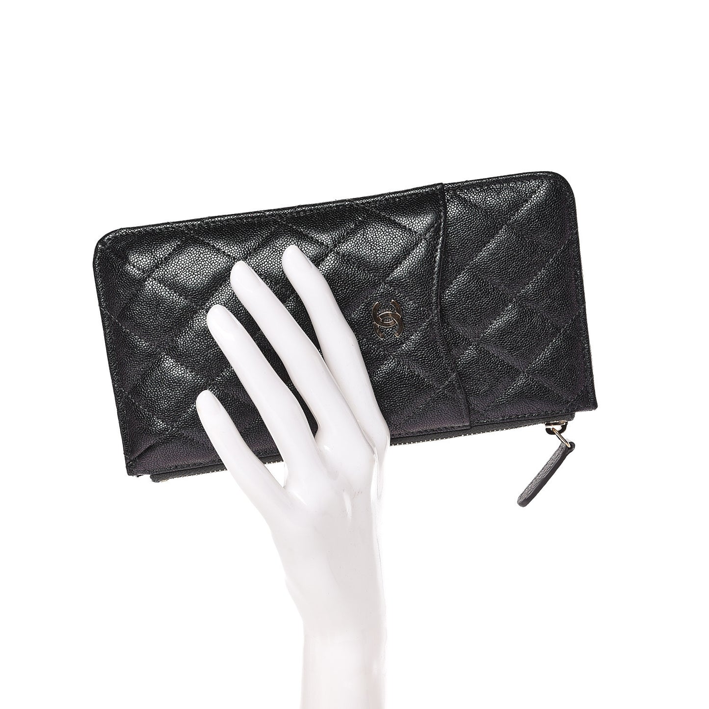 Iridescent Caviar Quilted Classic Flat Wallet Pouch Black