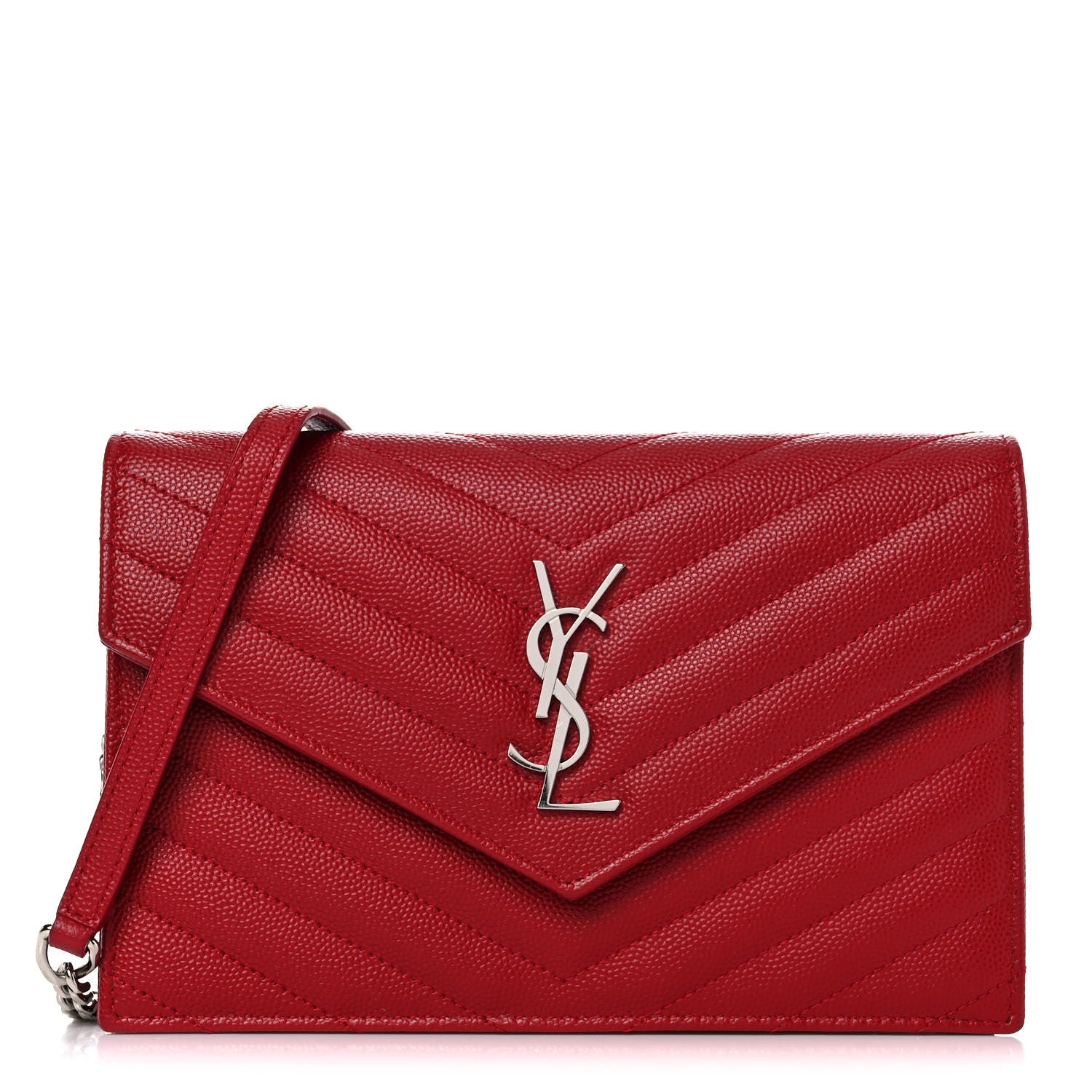 Saint Laurent Grain De Poudre Matelasse Chevron Monogram Envelope Chain Wallet Rouge Eros 1 of 13
