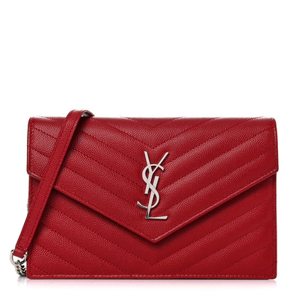Saint Laurent Grain De Poudre Matelasse Chevron Monogram Envelope Chain Wallet Rouge Eros 1 of 13
