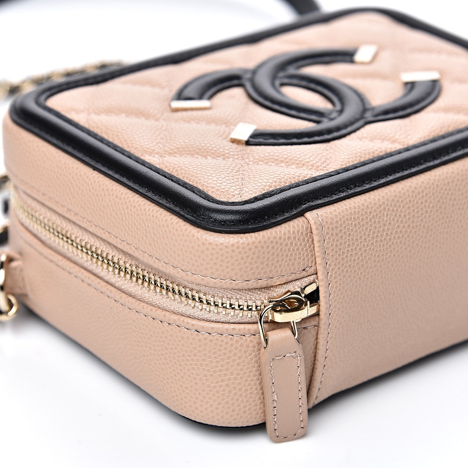 Chanel Caviar Quilted CC Filigree Vanity Clutch With Chain Beige Black 7 of 10