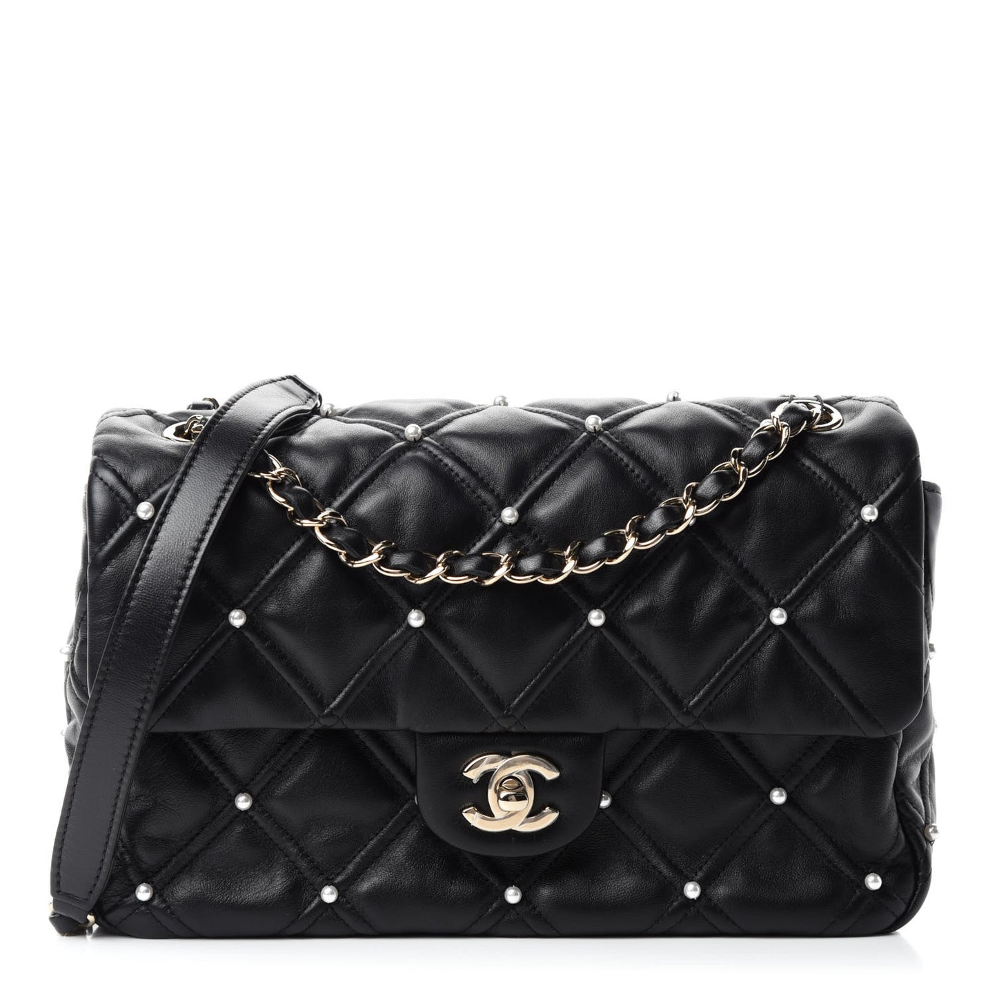 Lambskin Quilted Pearl Studded Flap Black