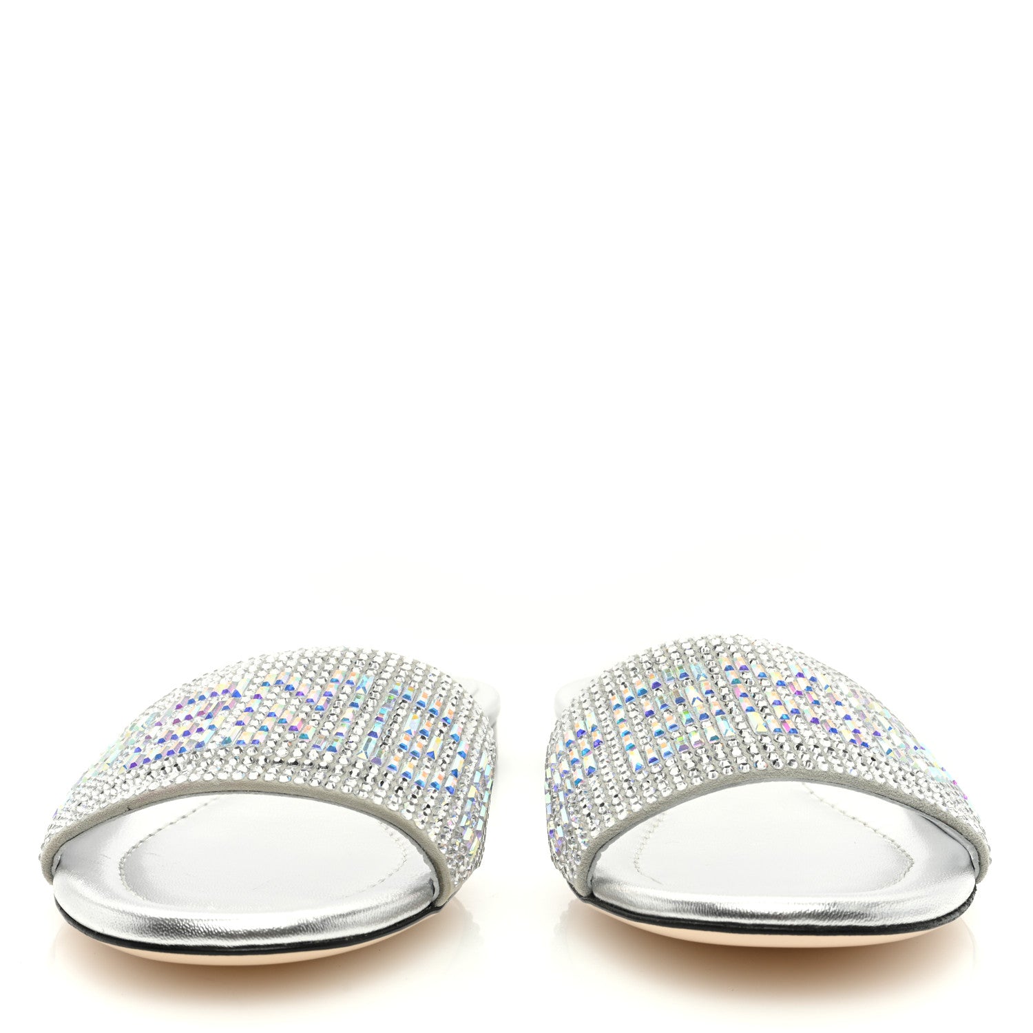 Fendi Laminated Goatskin Baguette Crystal Embroidered Signature Flat Slide Sandals 37.5 Silver 3 of 7