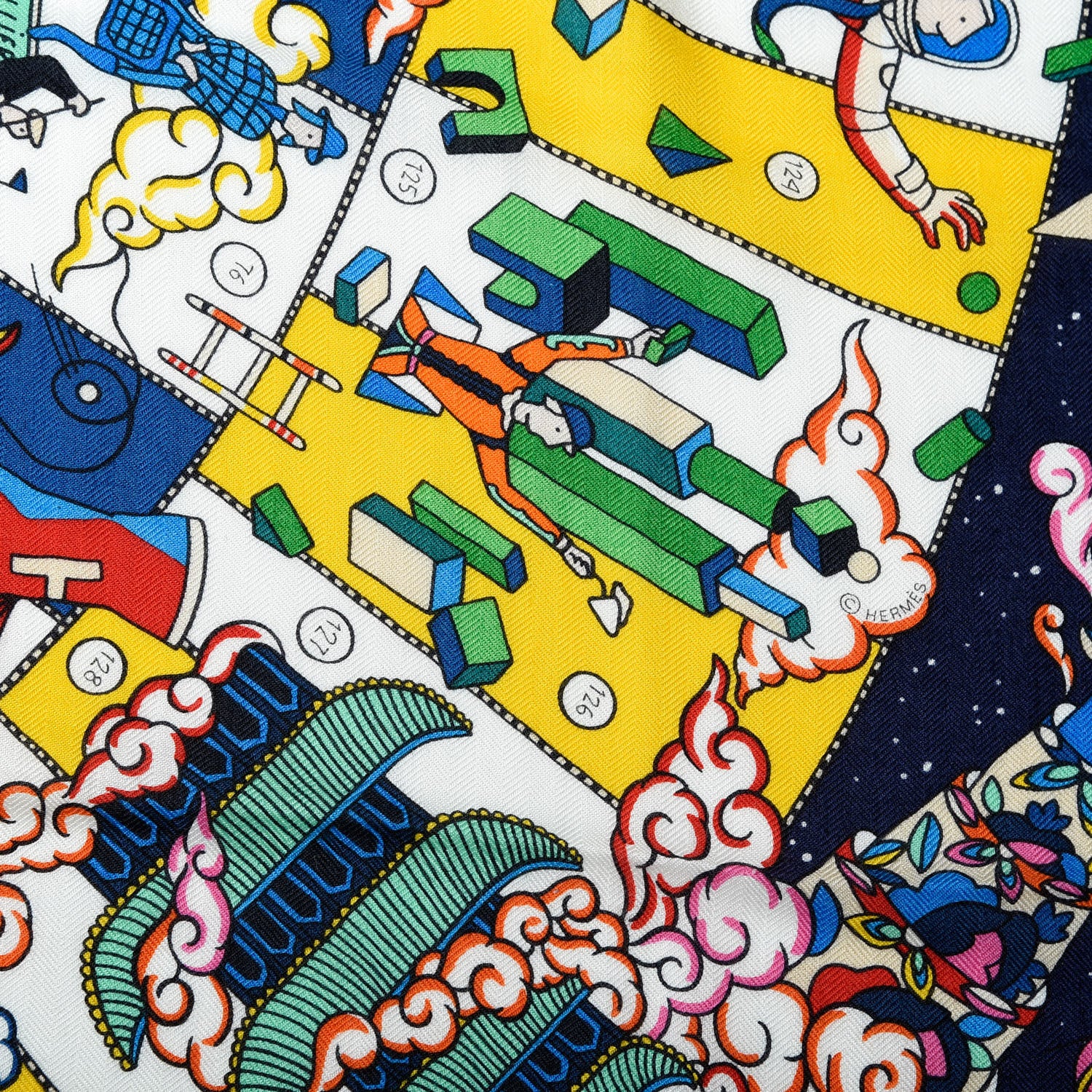 Hermes Cashmere Silk L'Epopee D'Hermes Shawl 140 Bleu Jaune Multicolore 5 of 5