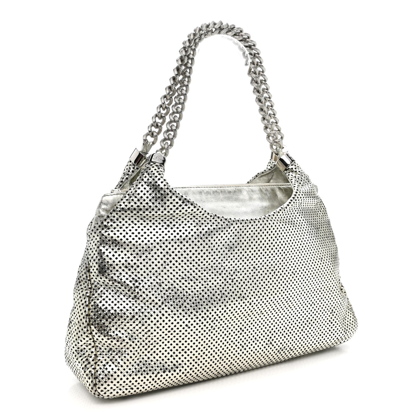 Metallic Glazed Calfskin Perforated Rodeo Drive Hobo Silver
