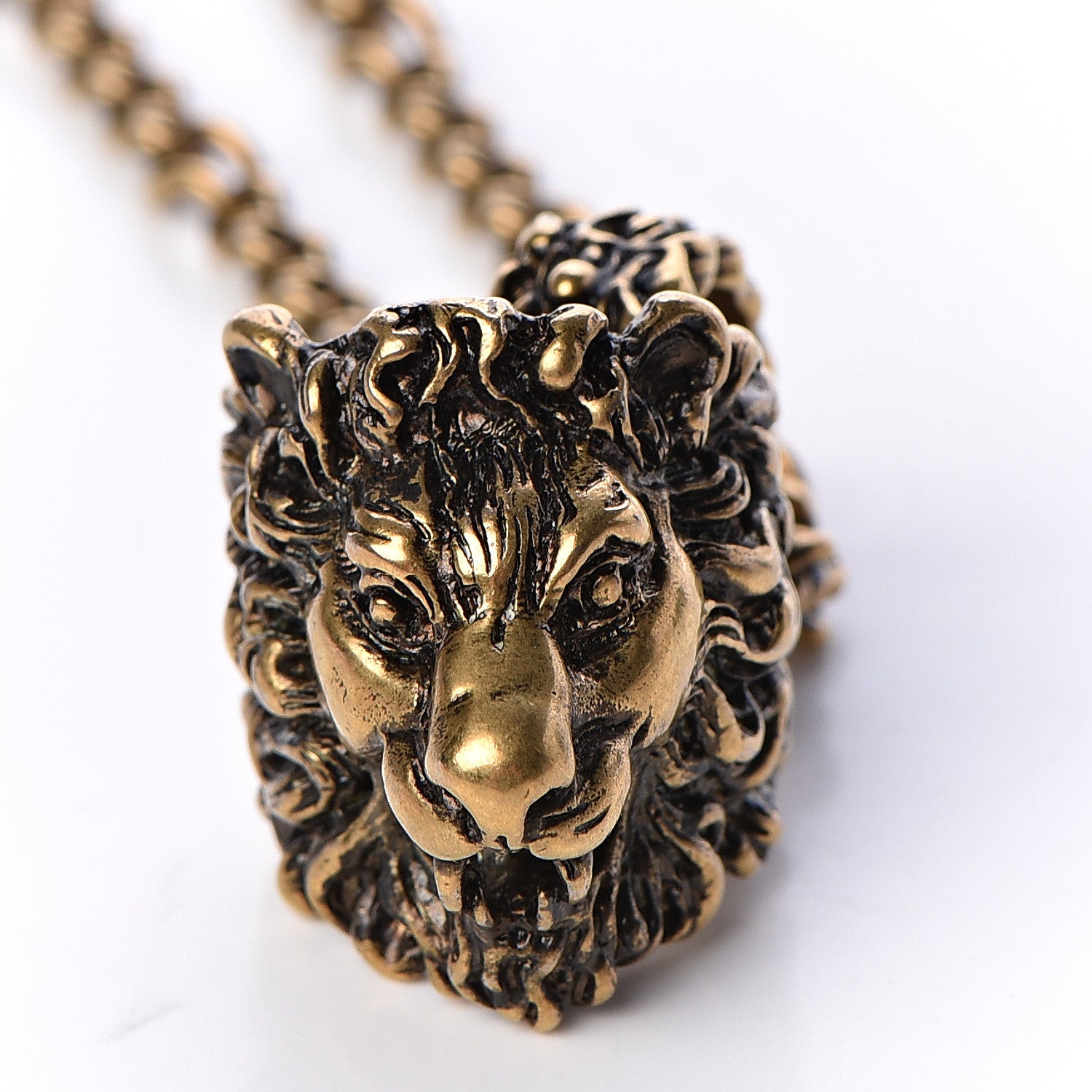 Gucci Metal Lion Head Ring Necklace Aged Gold 6 of 6