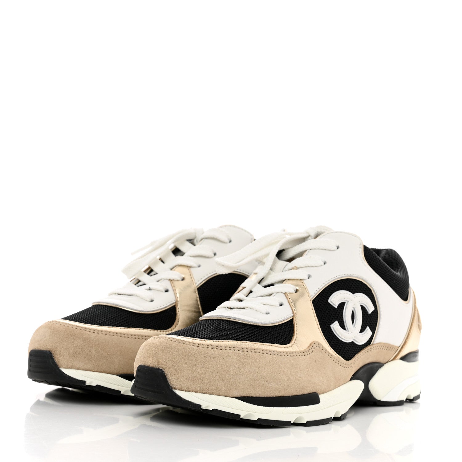 Chanel Mesh Suede Calfskin Womens CC Sneakers 38.5 White Black Beige Gold 3 of 8