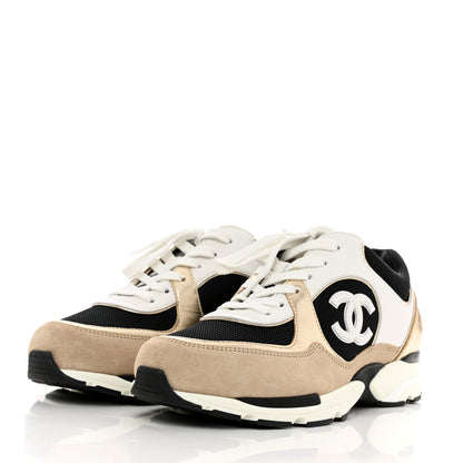 Chanel Mesh Suede Calfskin Womens CC Sneakers 38.5 White Black Beige Gold 3 of 8