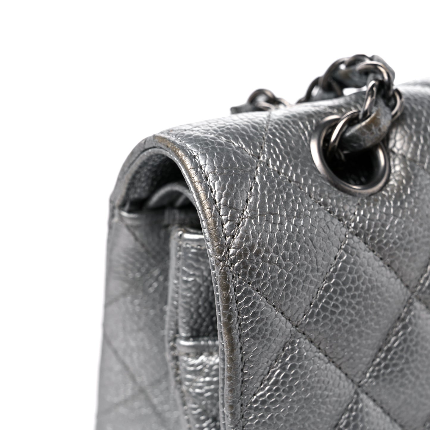 Metallic Caviar Quilted Medium Double Flap Silver