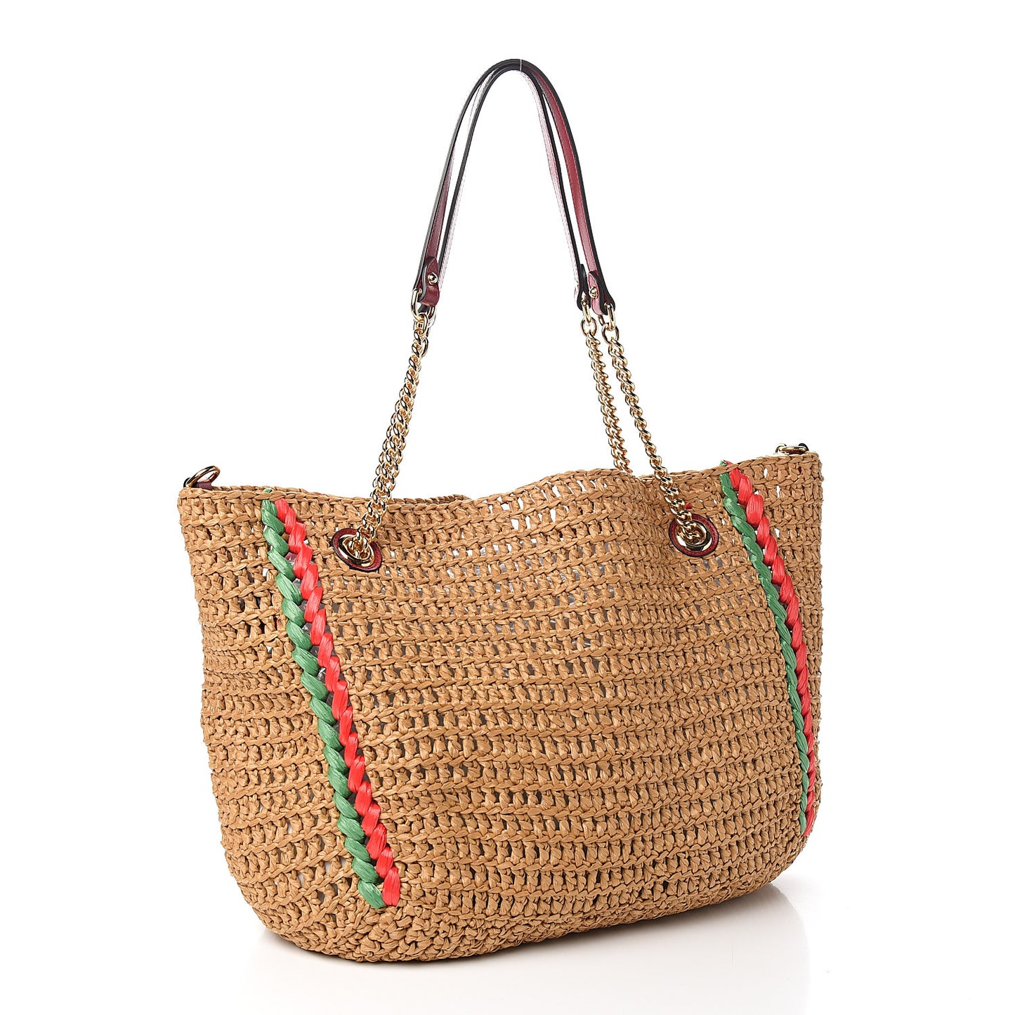 Raffia Effect Large GG Marmont Shoulder Tote Bag Natural Red Green