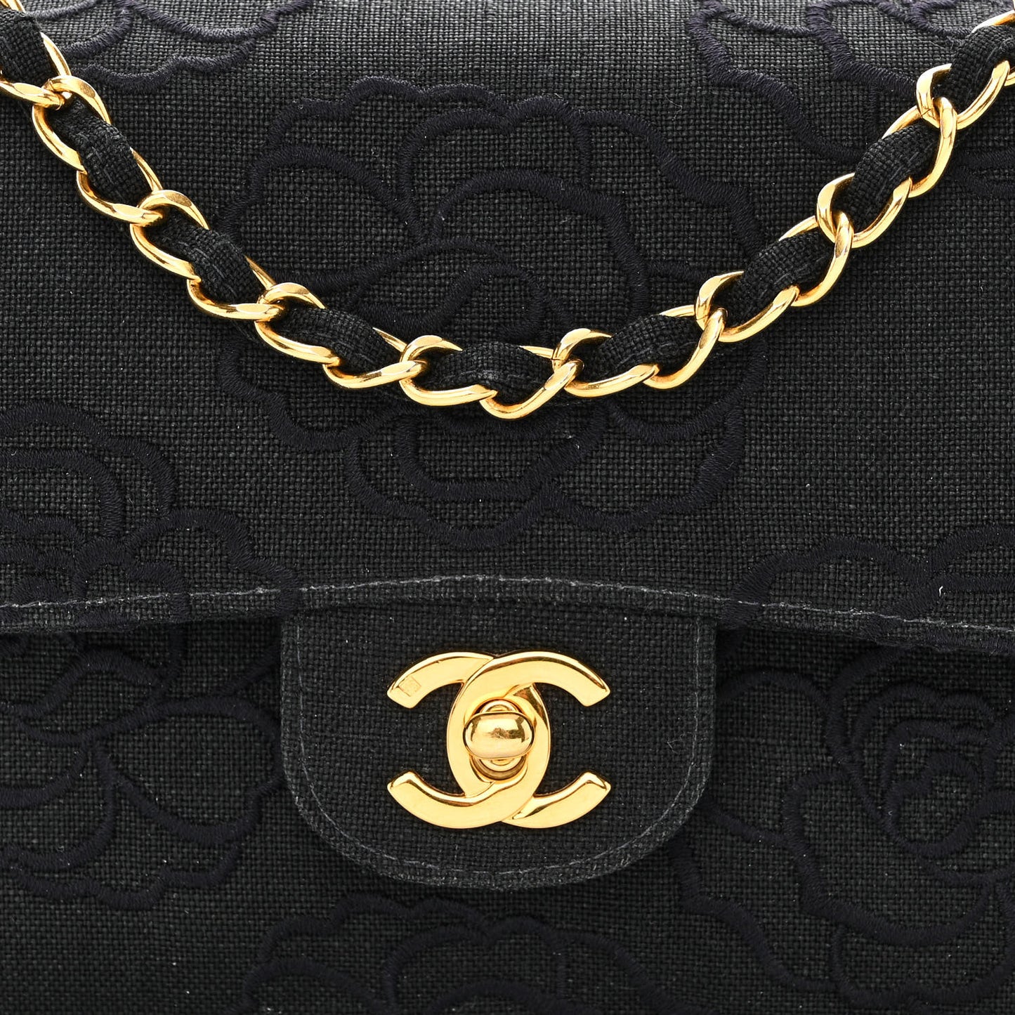 Canvas Camellia Embroidered Small Double Flap Black