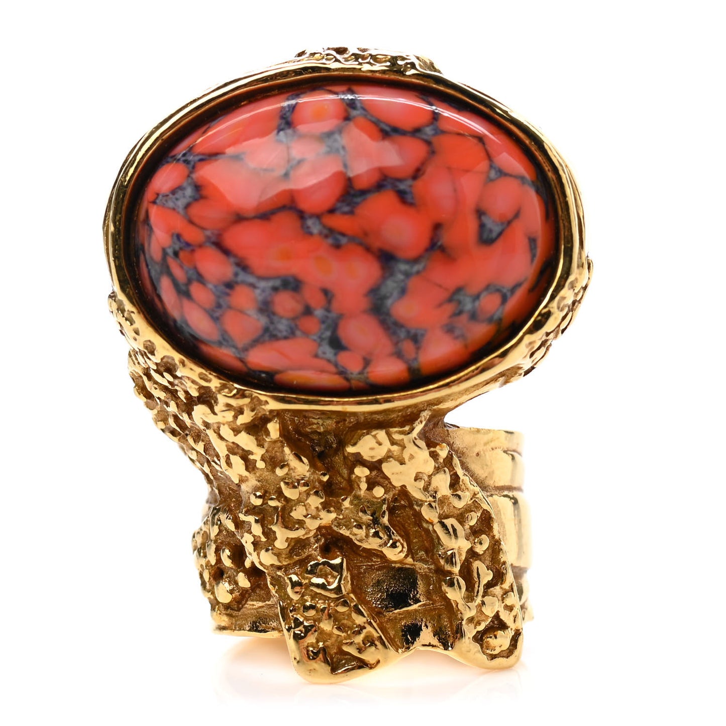 Glass Cabochon Arty Ovale Ring 6 Gold Coral