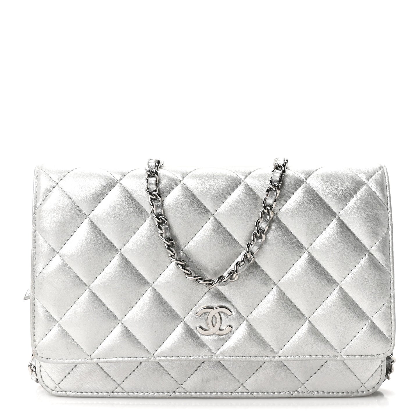 Metallic Lambskin Quilted Wallet On Chain WOC Silver