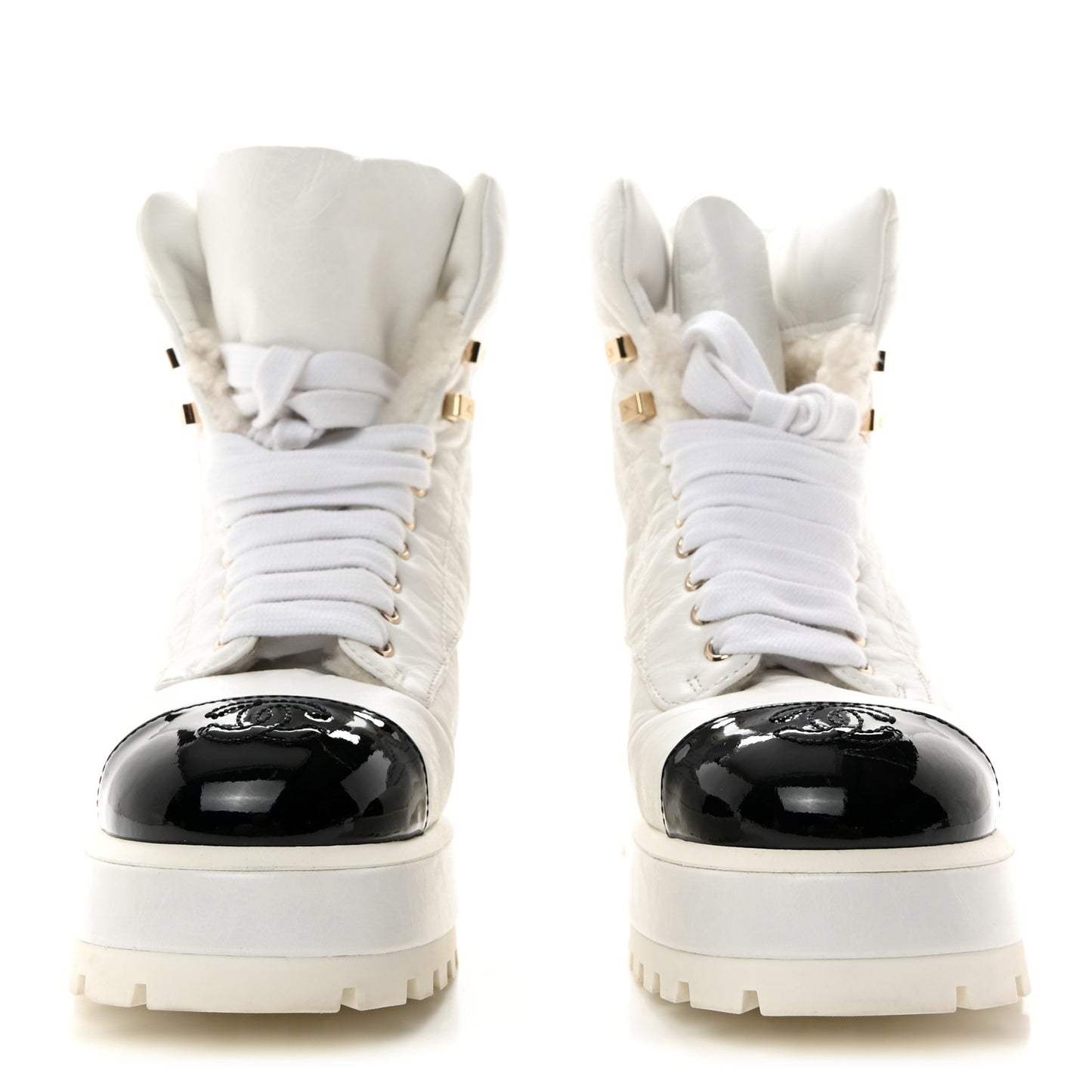 Crumpled Patent Lambskin Calfskin Quilted Lace Up Combat Boots 37 White Black