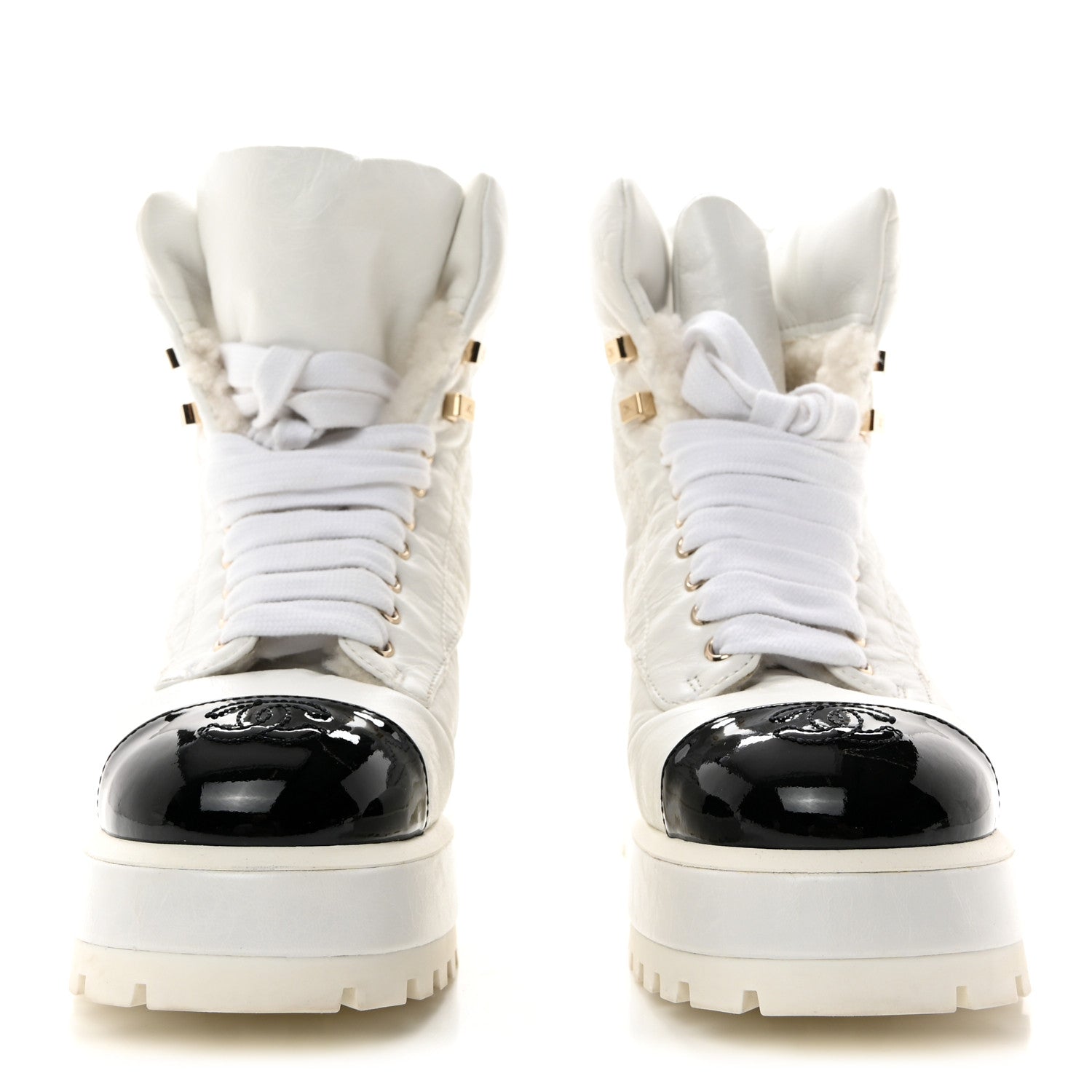 Chanel Crumpled Patent Lambskin Calfskin Quilted Lace Up Combat Boots 37 White Black 2 of 11