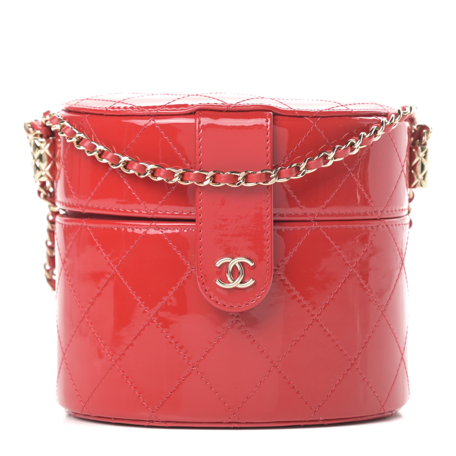 Chanel Patent Quilted Small Round Vanity With Chain Red 1 of 10