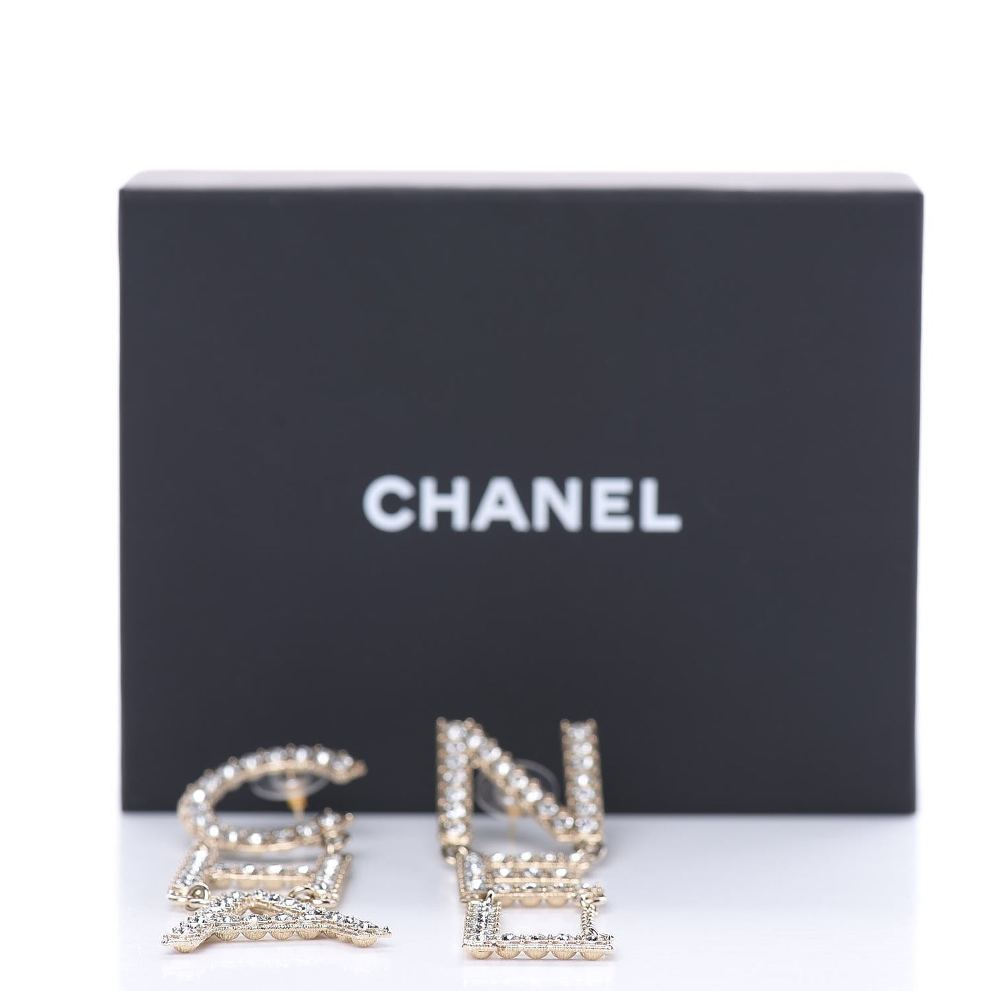 Crystal Cha-Nel Logo Drop Earrings Gold