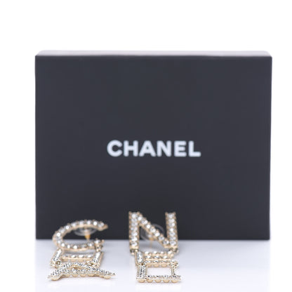 Chanel Crystal Cha-Nel Logo Drop Earrings Gold 5 of 5