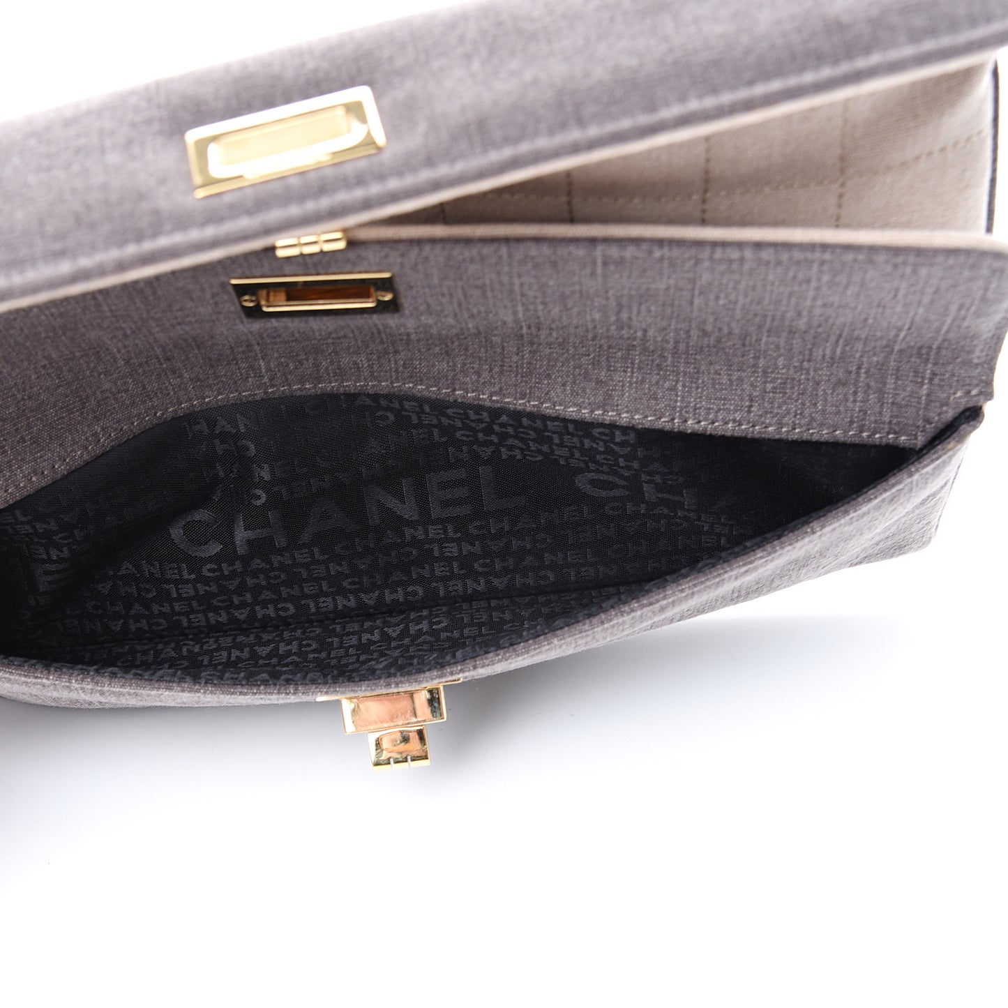 Canvas Chocolate Bar Mademoiselle Double Flap Clutch Beige Brown