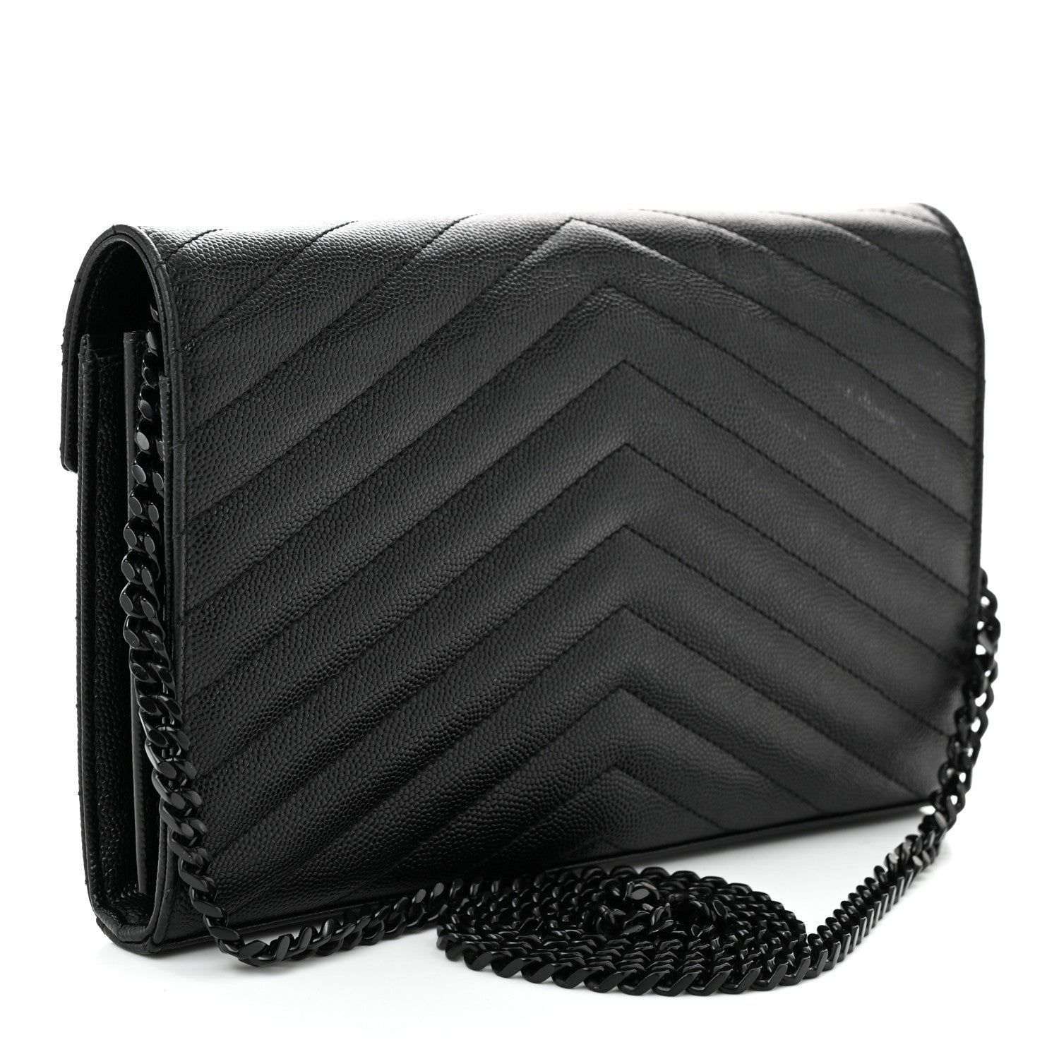 Saint Laurent Grain De Poudre Matelasse Chevron Monogram Monochrome Chain Wallet Black 3 of 10