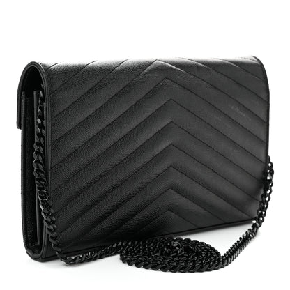 Saint Laurent Grain De Poudre Matelasse Chevron Monogram Monochrome Chain Wallet Black 3 of 10