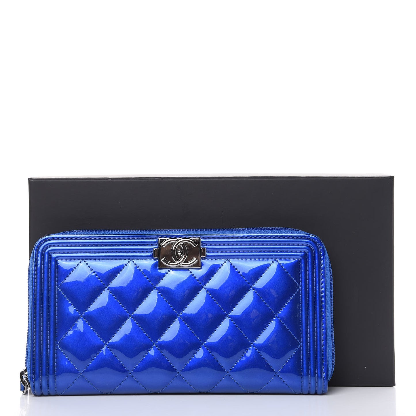 Metallic Patent Calfskin Quilted Boy L-Gusset Zip Wallet Blue