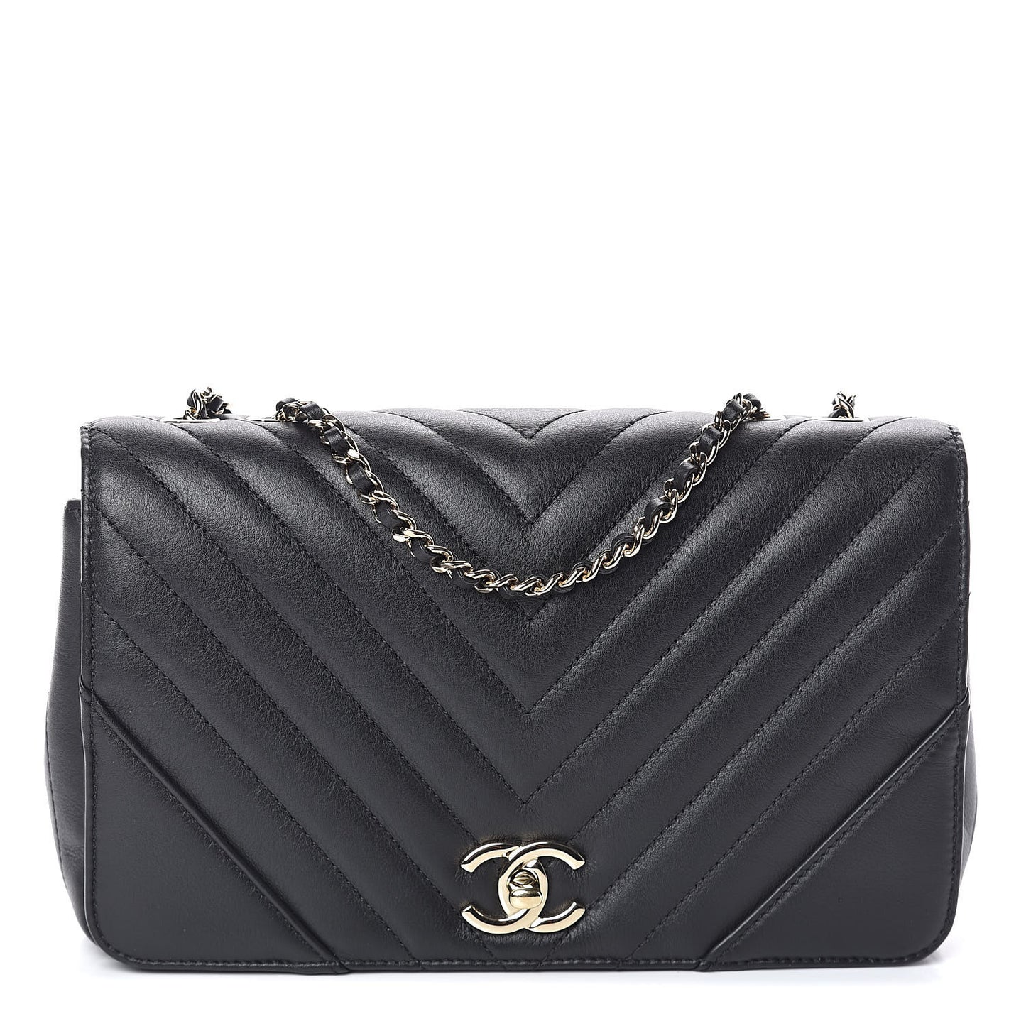 Calfskin Chevron Quilted Statement Flap Black