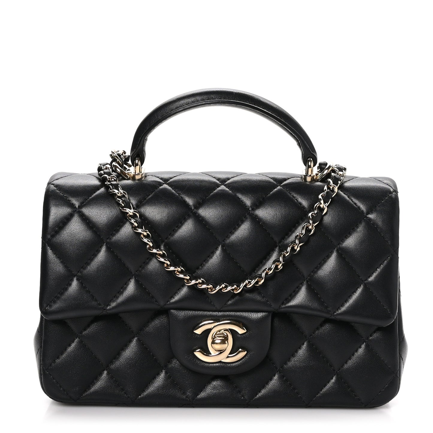 Lambskin Quilted Mini Top Handle Rectangular Flap Black