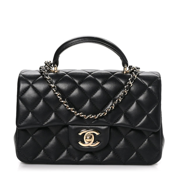 降真香10.6g Chanel Lambskin Quilted Mini Top Handle Rectangular Flap Black