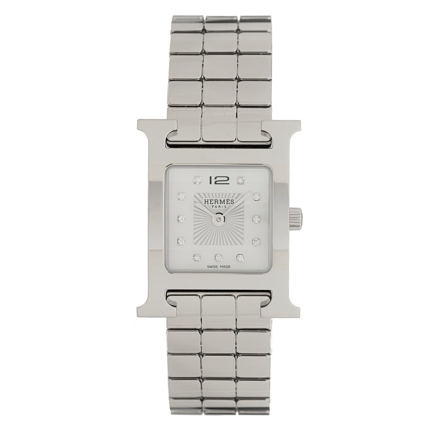 Hermes Stainless Steel Diamond Mother of Pearl 21mm Heure H Hour Quartz Watch 1 of 5
