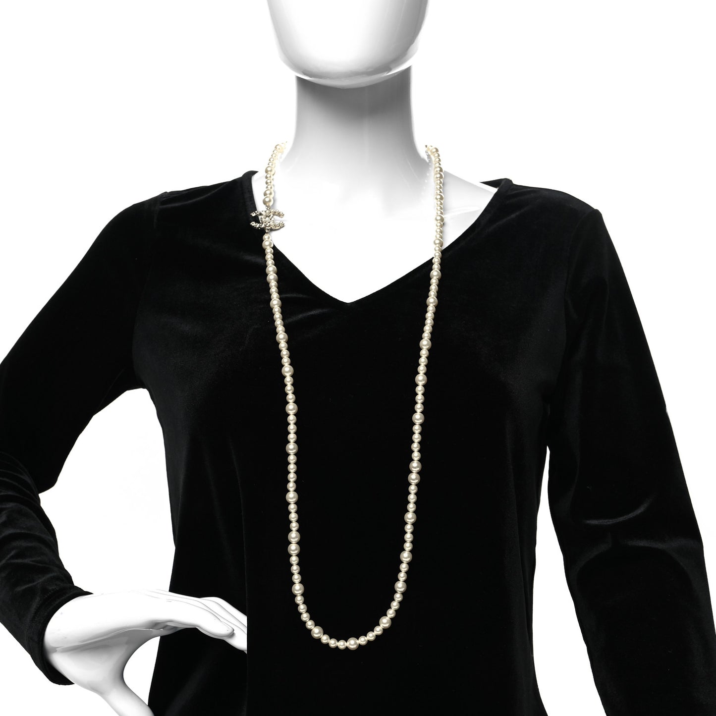 Crystal Pearl CC Long Necklace Gold