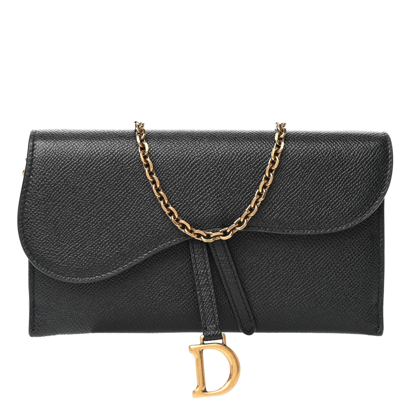 Grained Calfskin Saddle Chain Wallet Pouch Black
