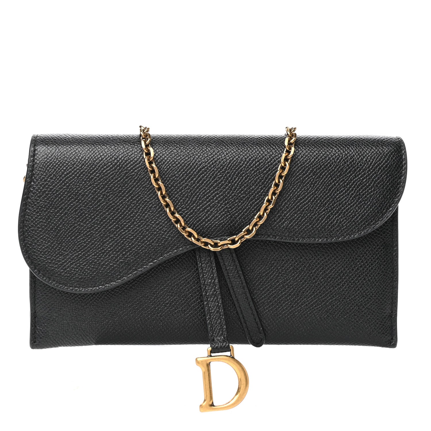 Christian Dior Grained Calfskin Saddle Chain Wallet Pouch Black 1 of 11