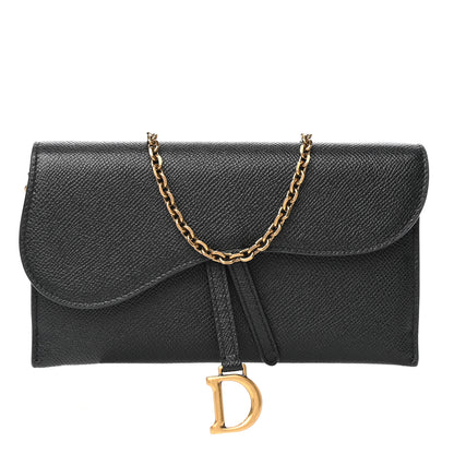 Christian Dior Grained Calfskin Saddle Chain Wallet Pouch Black 1 of 11