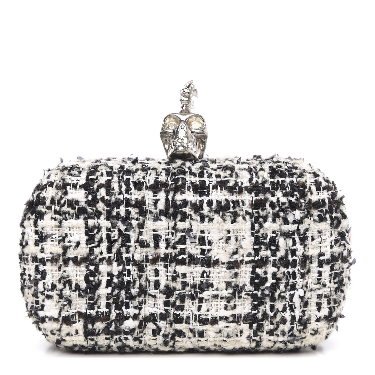 Tweed Calfskin Skull Box Clutch Black White