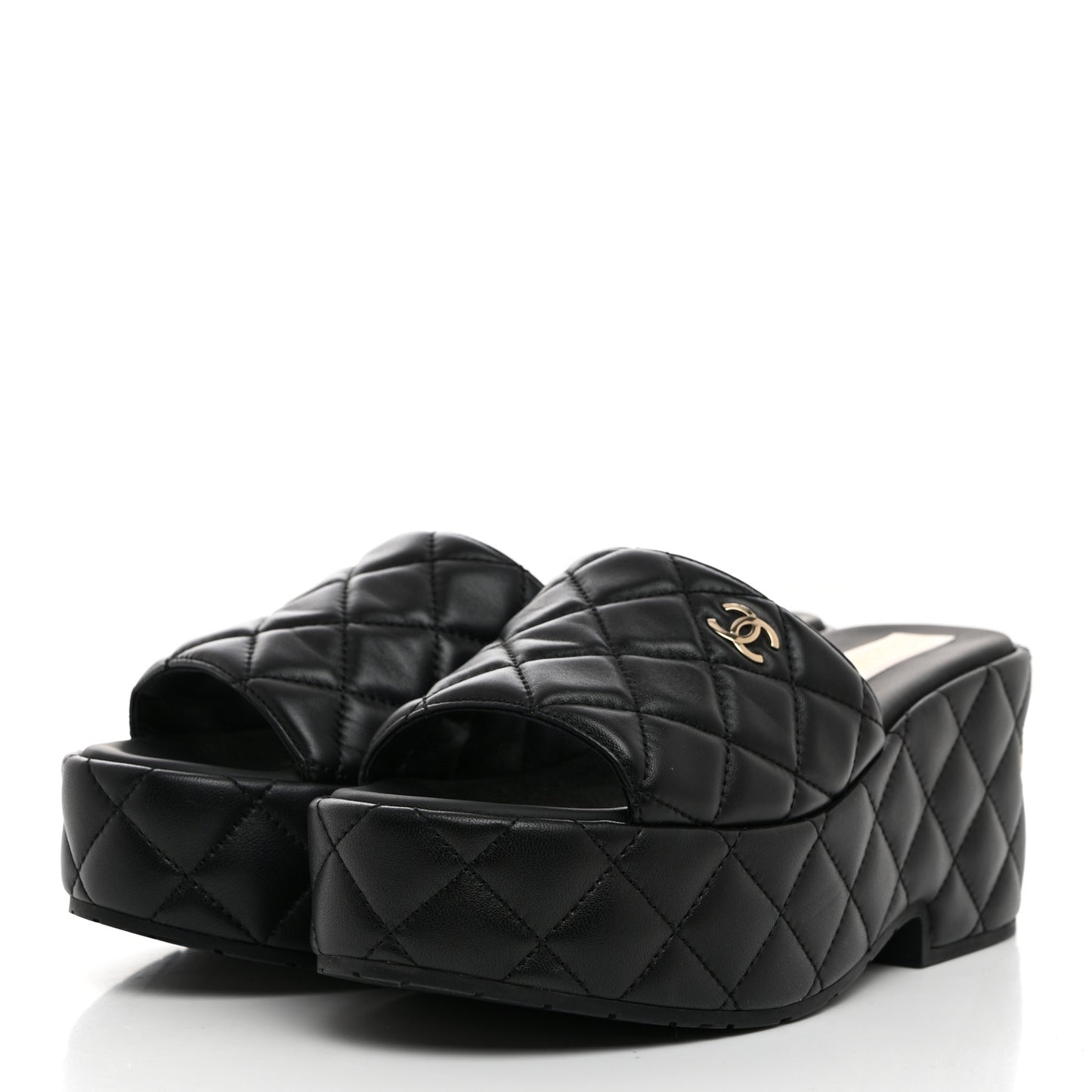 Lambskin Quilted CC Mules Wedge Sandals 39 Black