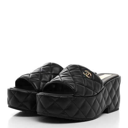 Chanel Lambskin Quilted CC Mules Wedge Sandals 39 Black 3 of 9