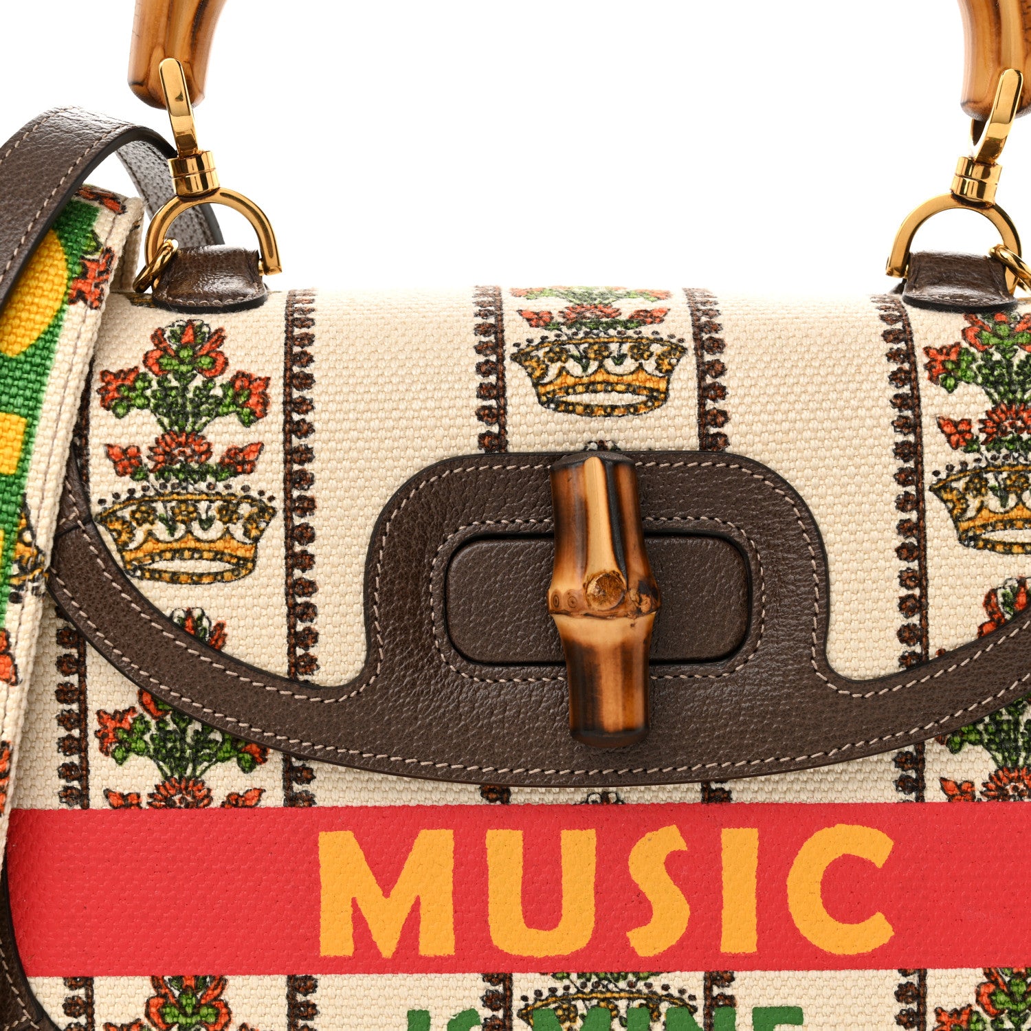 Gucci Canvas Calfskin 100 Centennial Music Medium Bamboo 1947 Top Handle Bag Multicolor 8 of 10