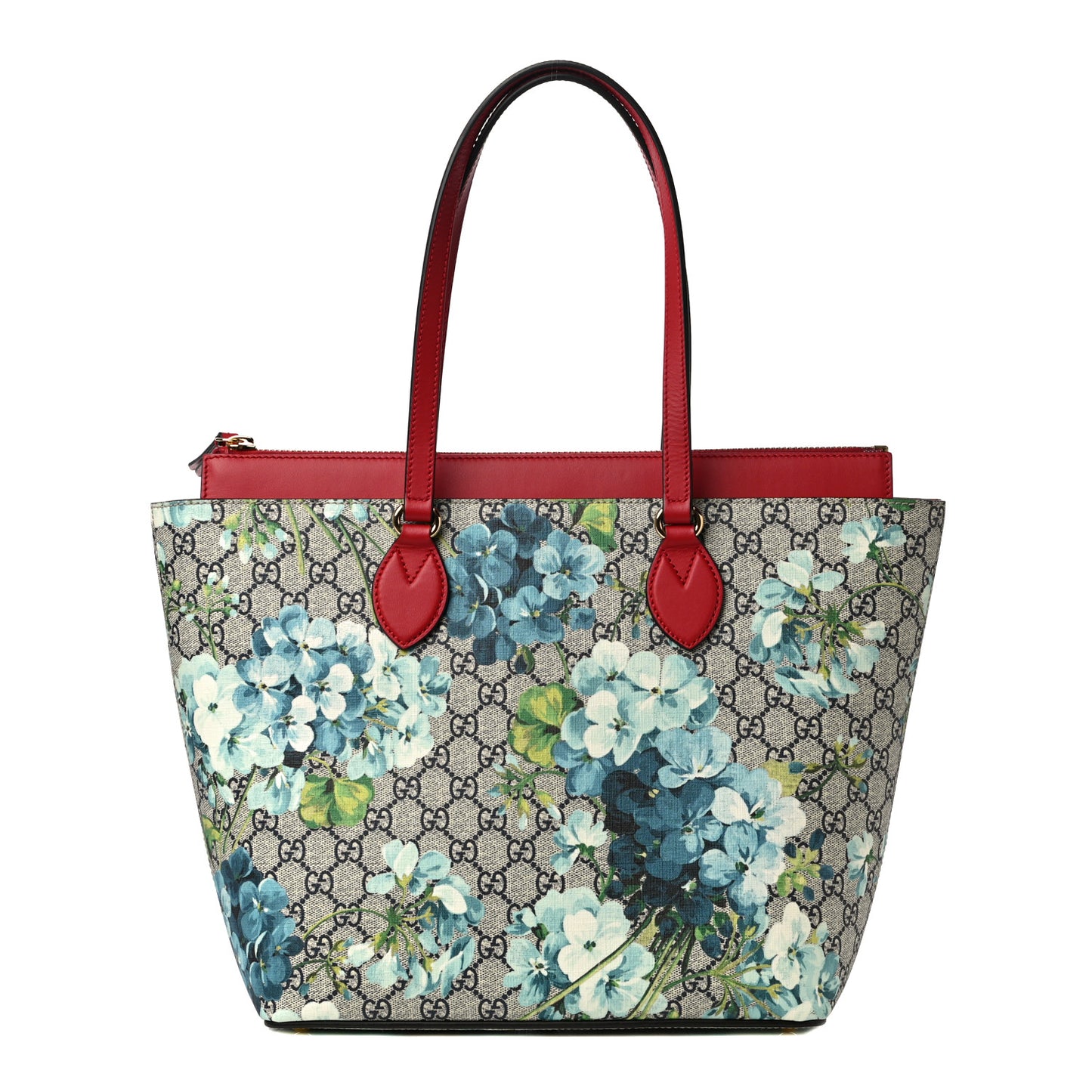 GG Supreme Monogram Blooms Medium Zippered Bucket Tote Beige Blue Navy Hibiscus Red