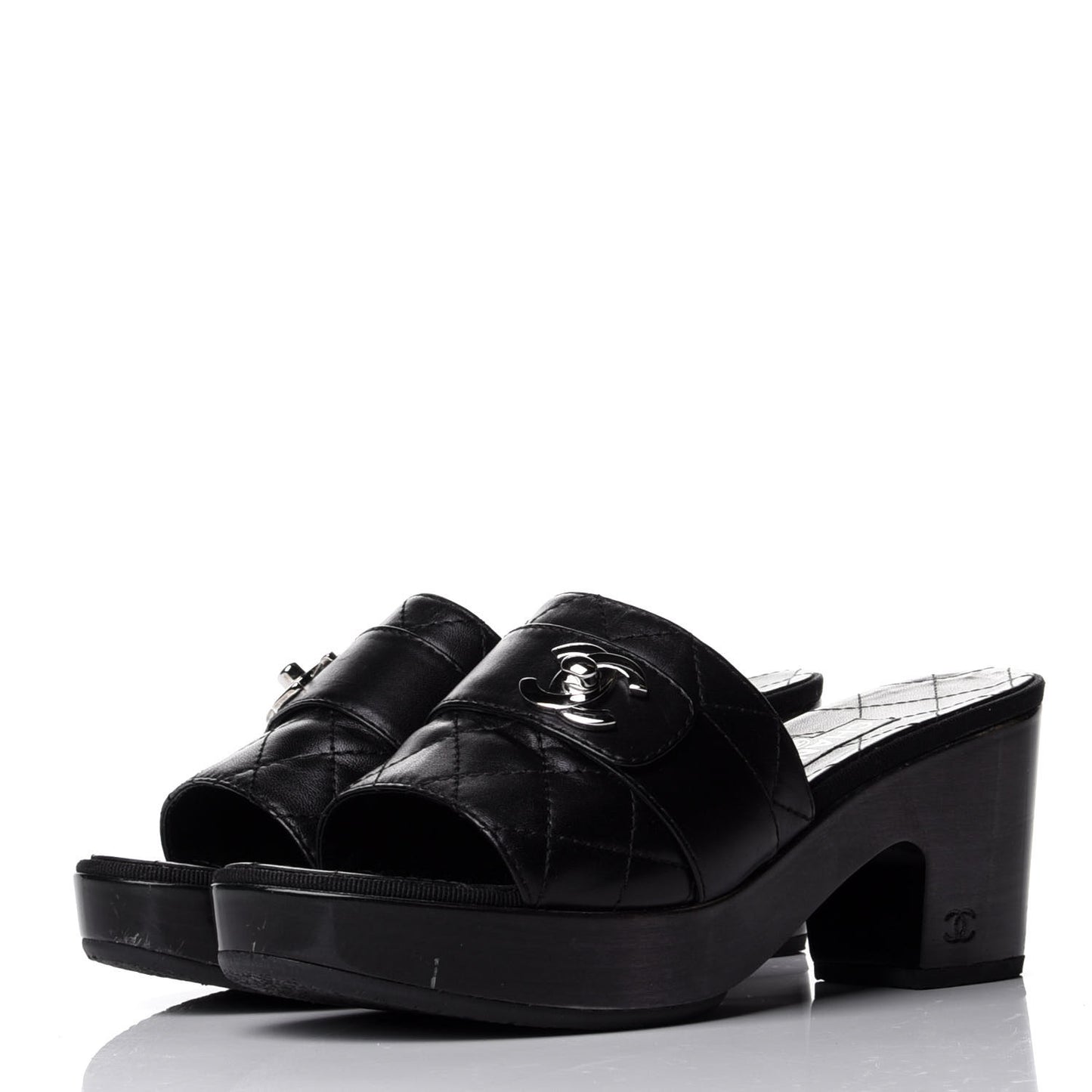 Lambskin Quilted Turn Lock CC Platform Mule 38 Black
