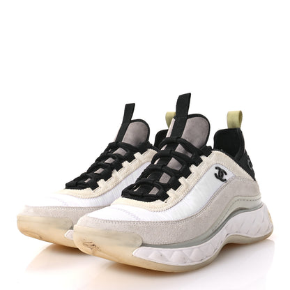 Chanel Velvet Calfskin Mixed Fibers CC Sneakers 38 White Gray Yellow 4 of 8