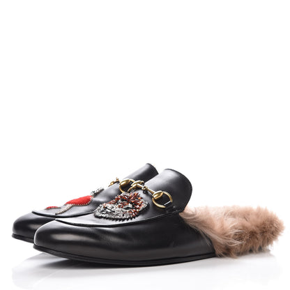 Gucci Calfskin Fur Crystal Tiger Embroidered Mens Princetown Slippers 11 Black 3 of 11
