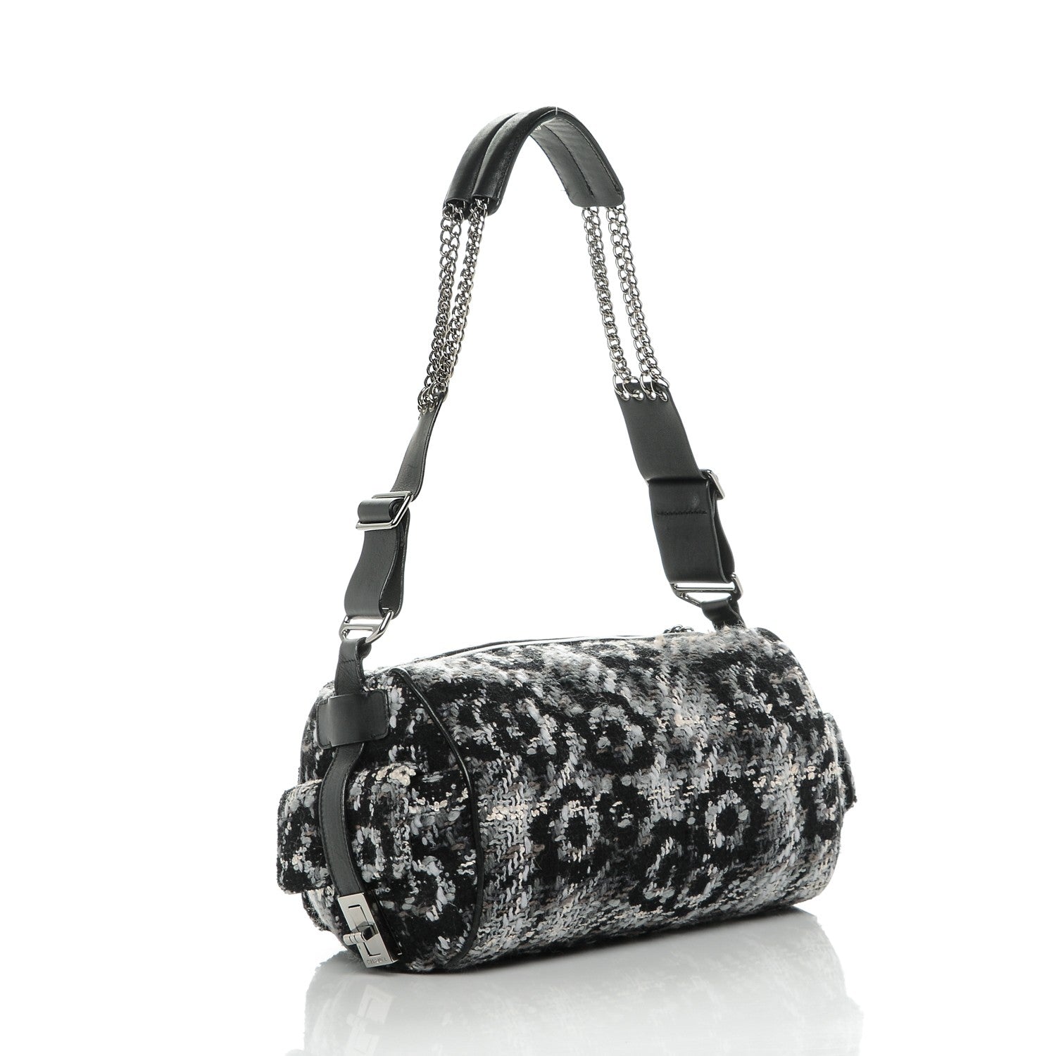 Chanel Tweed Quilted Camellia Shoulder Bag Black 3 of 8