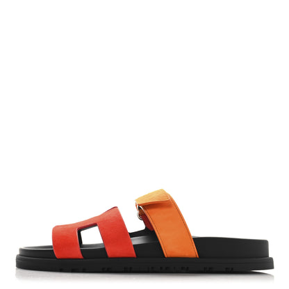 Hermes Suede Goatskin Womens Chypre Sandals 37.5 Rouge Ecarlate Sunset 1 of 10